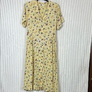 Vtg 80s button down yellow dress whimsical print of bunnies and teacups L